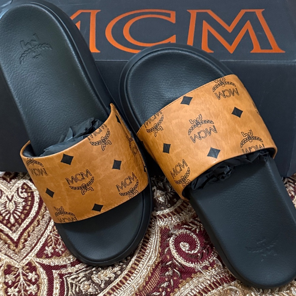 MCM Men Tan and Black Logo Slides* US  Size 6.5  * Brand New*